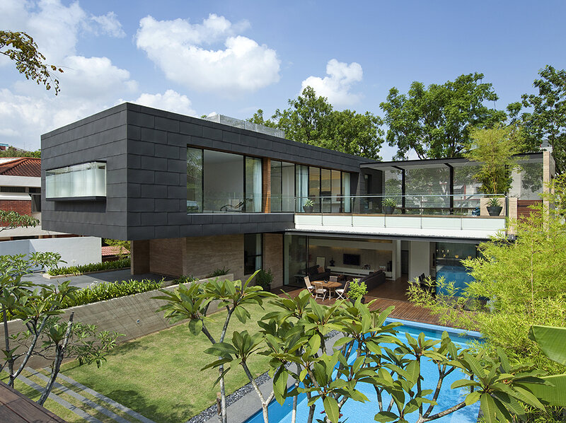 Modern House with Pool — Blue, Serene, Afternoon, Photograph, Garden