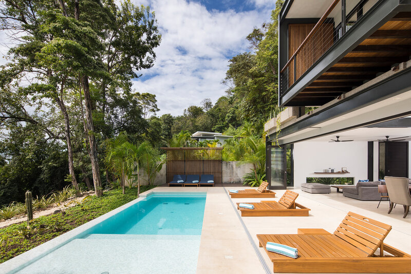 Modern House with Pool — Blue, Serene, Afternoon, Photograph, Lounge Chairs