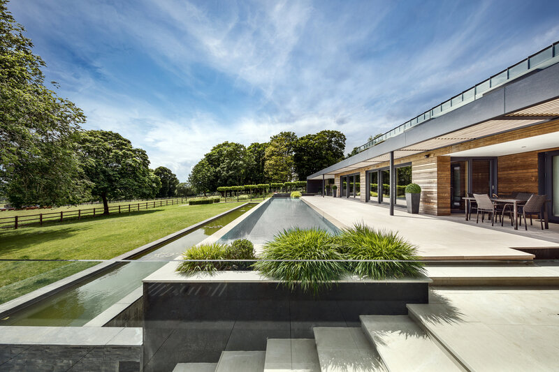 Modern House with Pool — Blue, Serene, Afternoon, Photograph, Patio