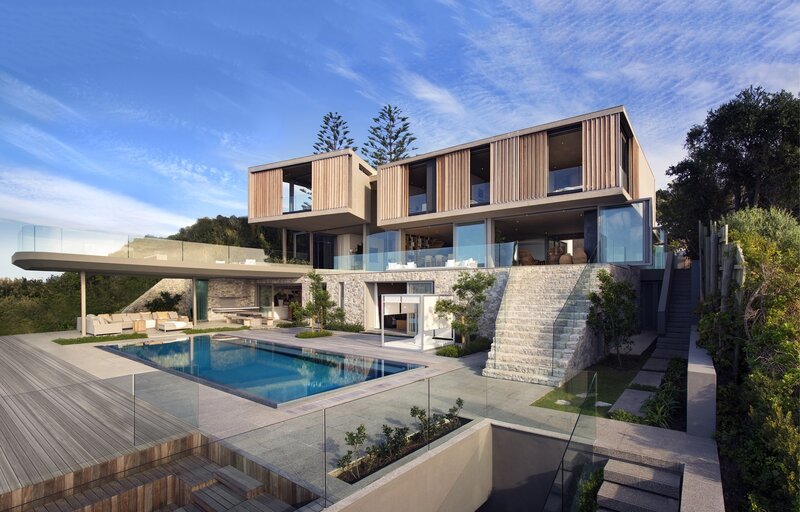 Modern House with Pool — Blue, Serene, Afternoon, Photograph, Stairs