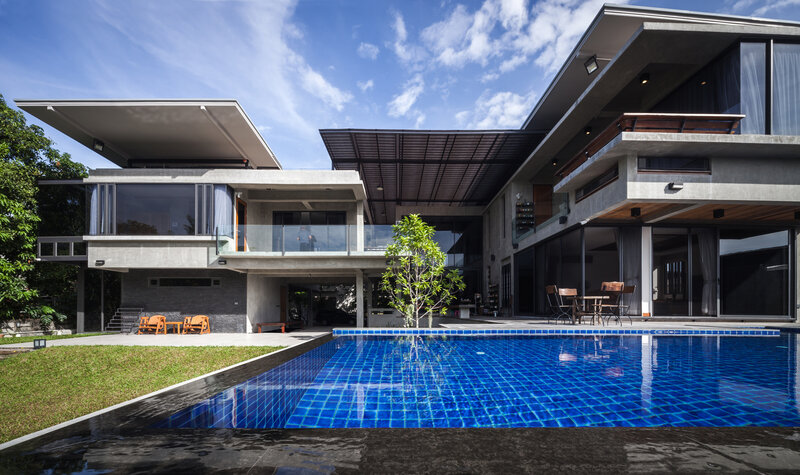 Modern House with Pool — Blue, Serene, Afternoon, Photograph, Tree