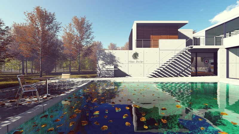 Modern House with Pool — Blue, Serene, Autumn