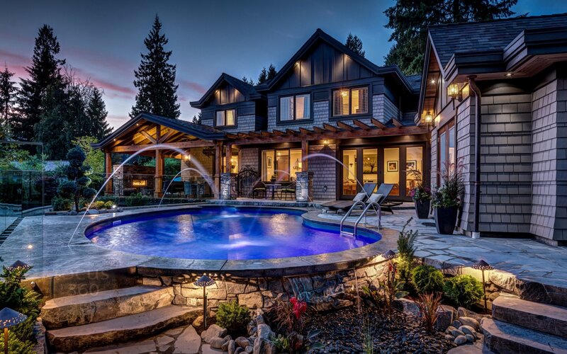 Modern House with Pool — Blue, Serene, Night, Photograph, Fountain