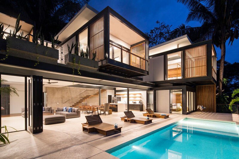 Modern House with Pool — Blue, Serene, Night, Photograph, Lounge Chairs, Palm Trees