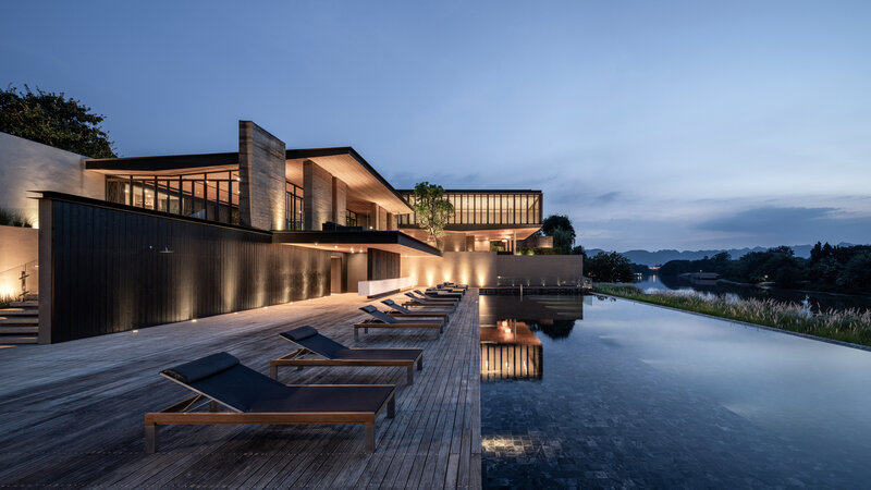 Modern House with Pool — Blue, Serene, Night, Photograph, Lounge Chairs, Wood Deck