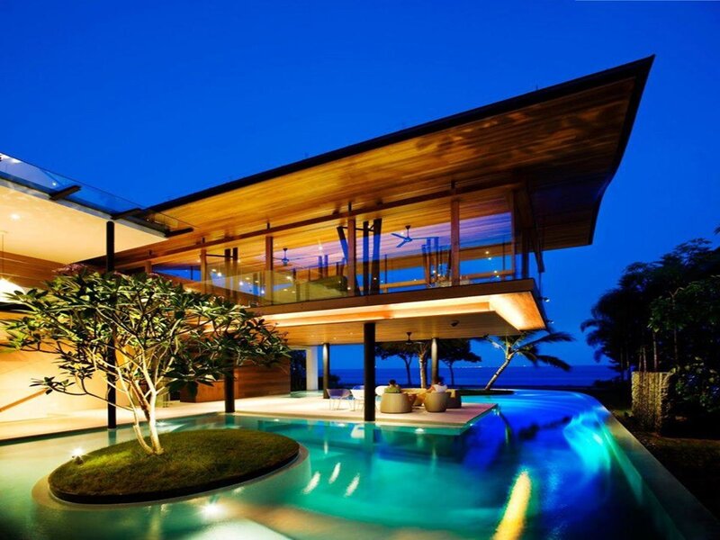 Modern House with Pool — Blue, Serene, Night, Photograph