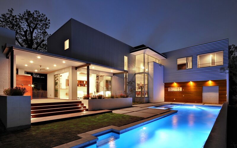 Modern House with Pool — Blue, Serene, Night, Photograph, Trees