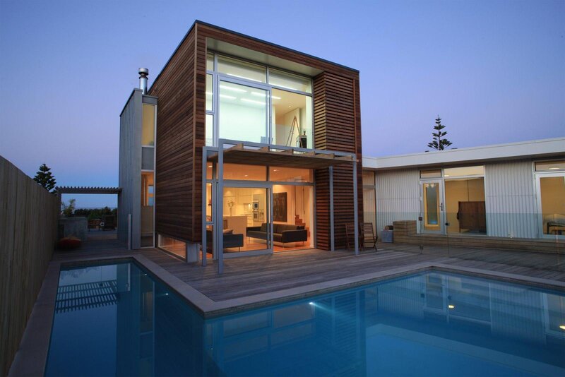 Modern House with Pool — Blue, Serene, Night, Photograph, Wooden Deck