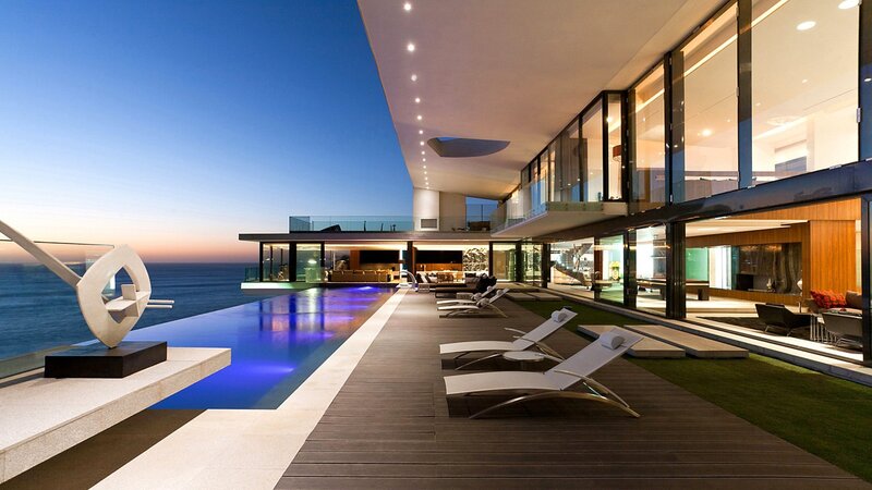 Modern House with Pool — Blue, Serene, Sunset, Photograph, Lounge Chairs, Sculpture