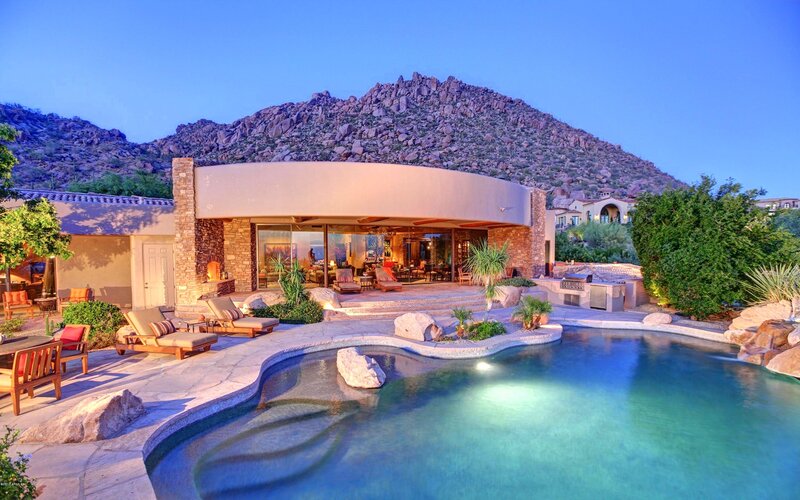 Modern House with Pool — Blue, Serene, Sunset, Photograph, Mountain, Lounge Chairs