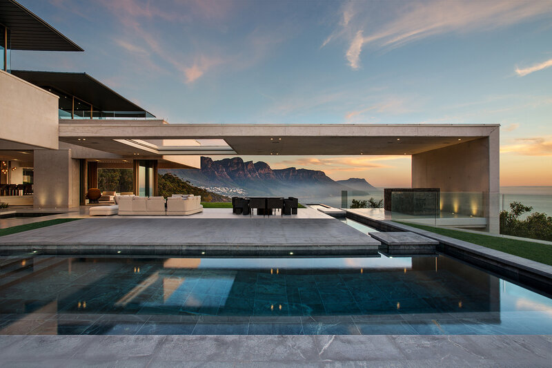 Modern House with Pool — Blue, Serene, Sunset, Photograph, Mountain, Sea