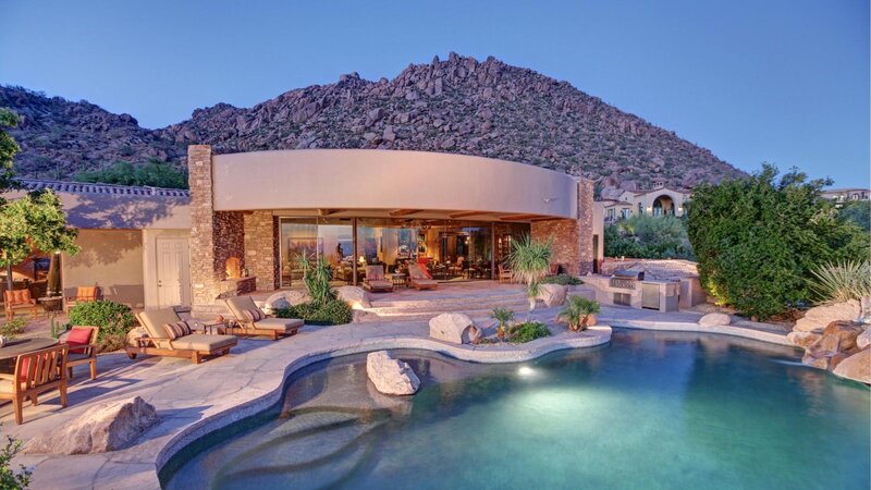 Modern House with Pool — Blue, Serene, Sunset, Photograph, Mountain