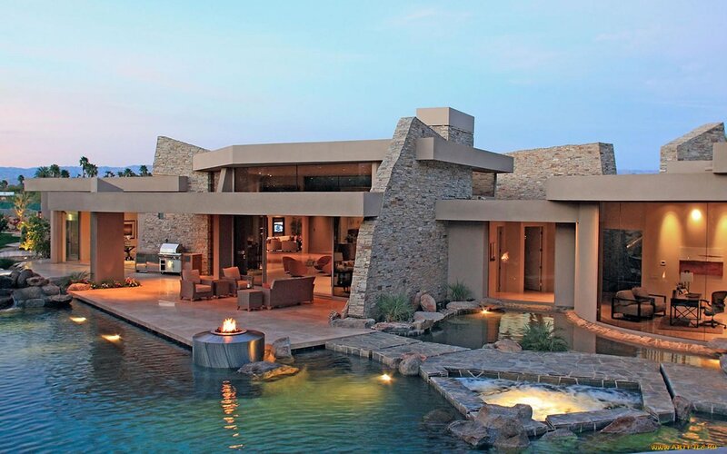 Modern House with Pool — Blue, Serene, Sunset, Photograph