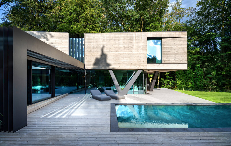 Modern House with Pool — Gray, Serene, Afternoon, Photograph