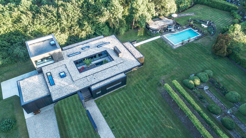 Modern House with Pool — Green, Serene, Afternoon, Photograph, Garden