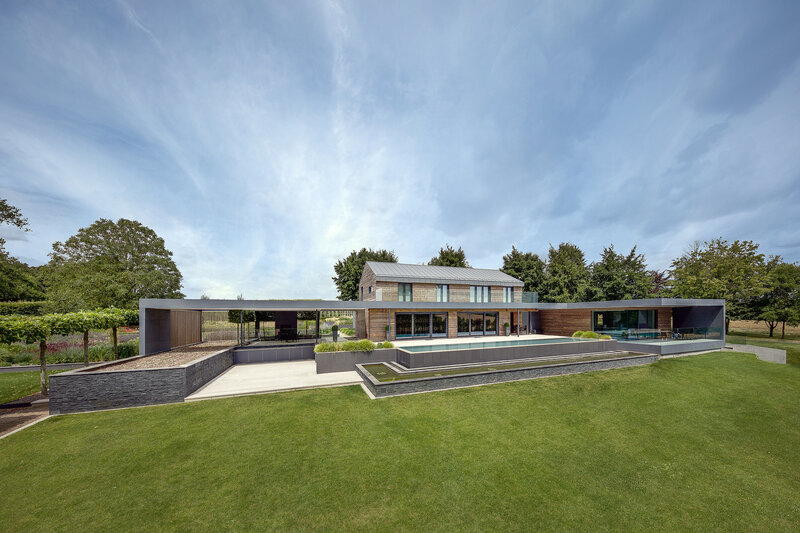 Modern House with Pool — Green, Serene, Afternoon, Photograph, Lawn