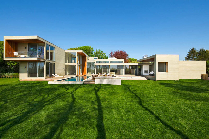 Modern House with Pool — Green, Serene, Afternoon, Photograph, Lawn, Trees
