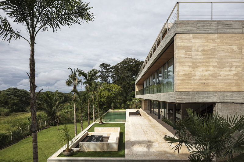 Modern House with Pool — Green, Serene, Afternoon, Photograph, Palm Trees