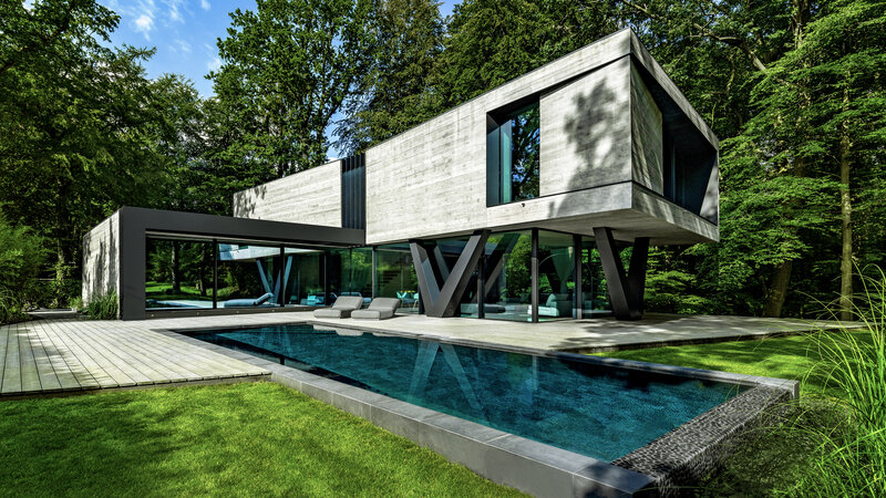 Modern House with Pool — Green, Serene, Afternoon, Photograph, Trees, Lounge Chairs