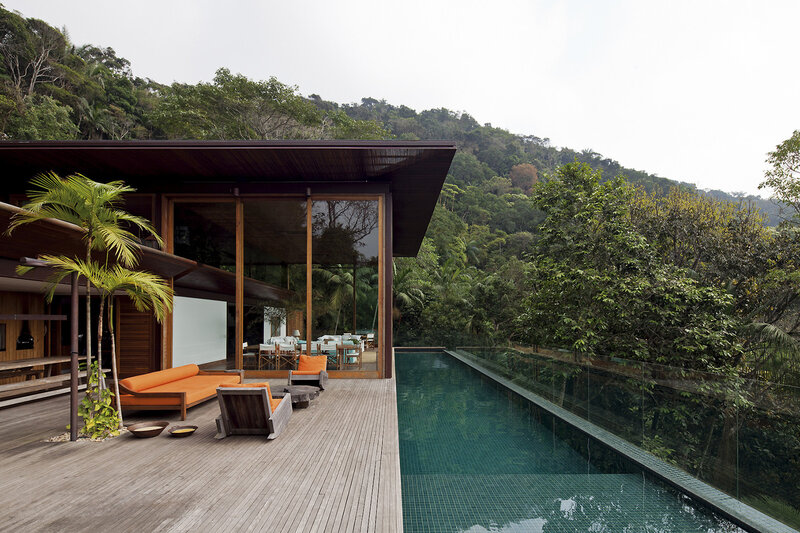 Modern House with Pool — Green, Serene, Afternoon, Photograph, Trees, Wood Deck