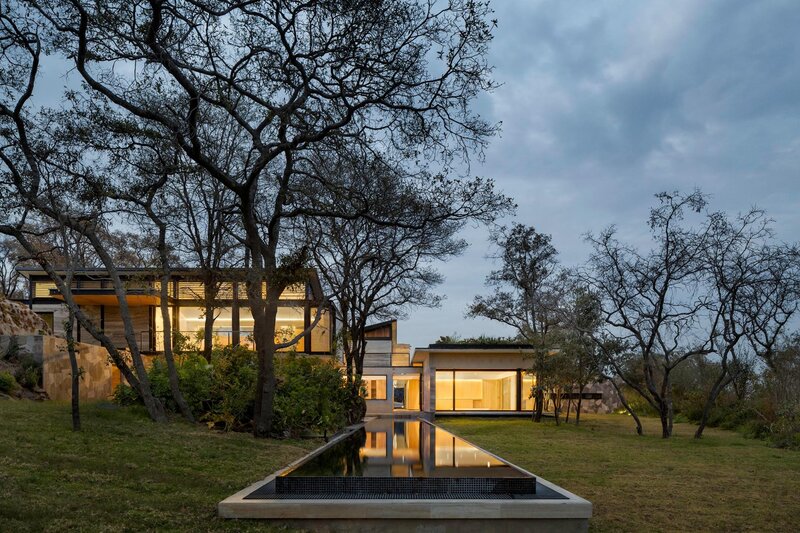 Modern House with Pool — Green, Serene, Sunset, Photograph