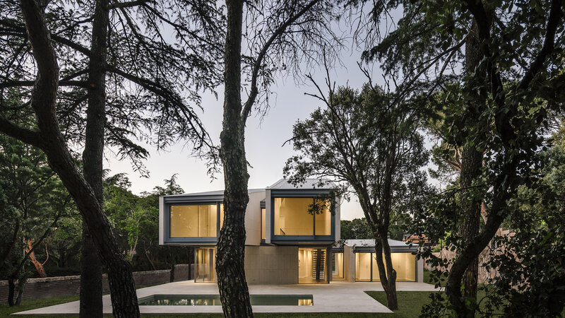Modern House with Pool — Green, Serene, Sunset, Photograph, Trees