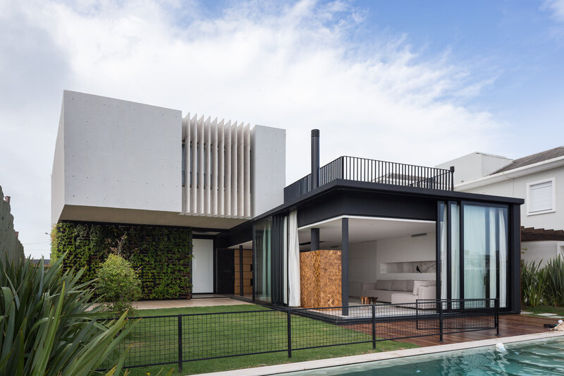 Modern House with Pool — White, Serene, Afternoon, Photograph, Green Wall