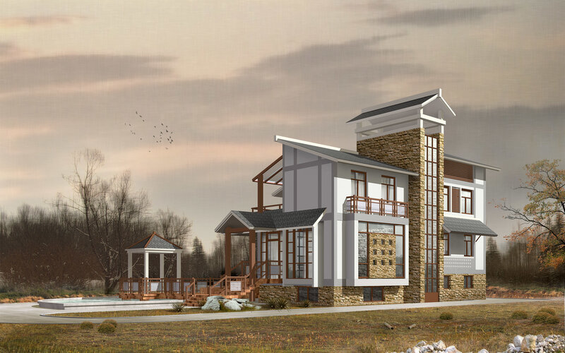 Modern house with stone and wood design