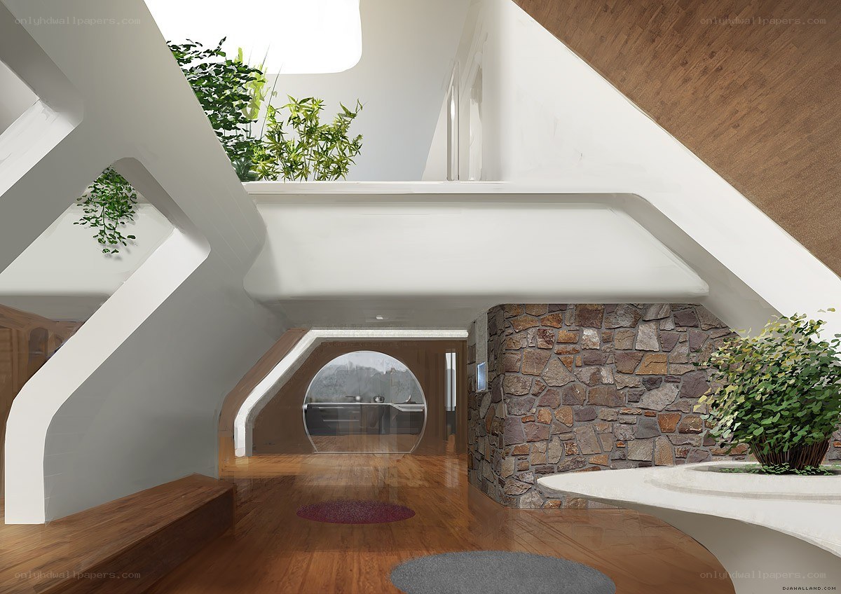 Modern interior with curved staircase