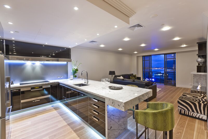 Modern Kitchen and Living Area — White, Night, Photograph