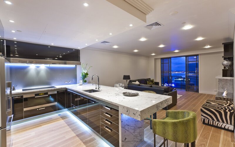 Modern Kitchen and Living Area — White, Night