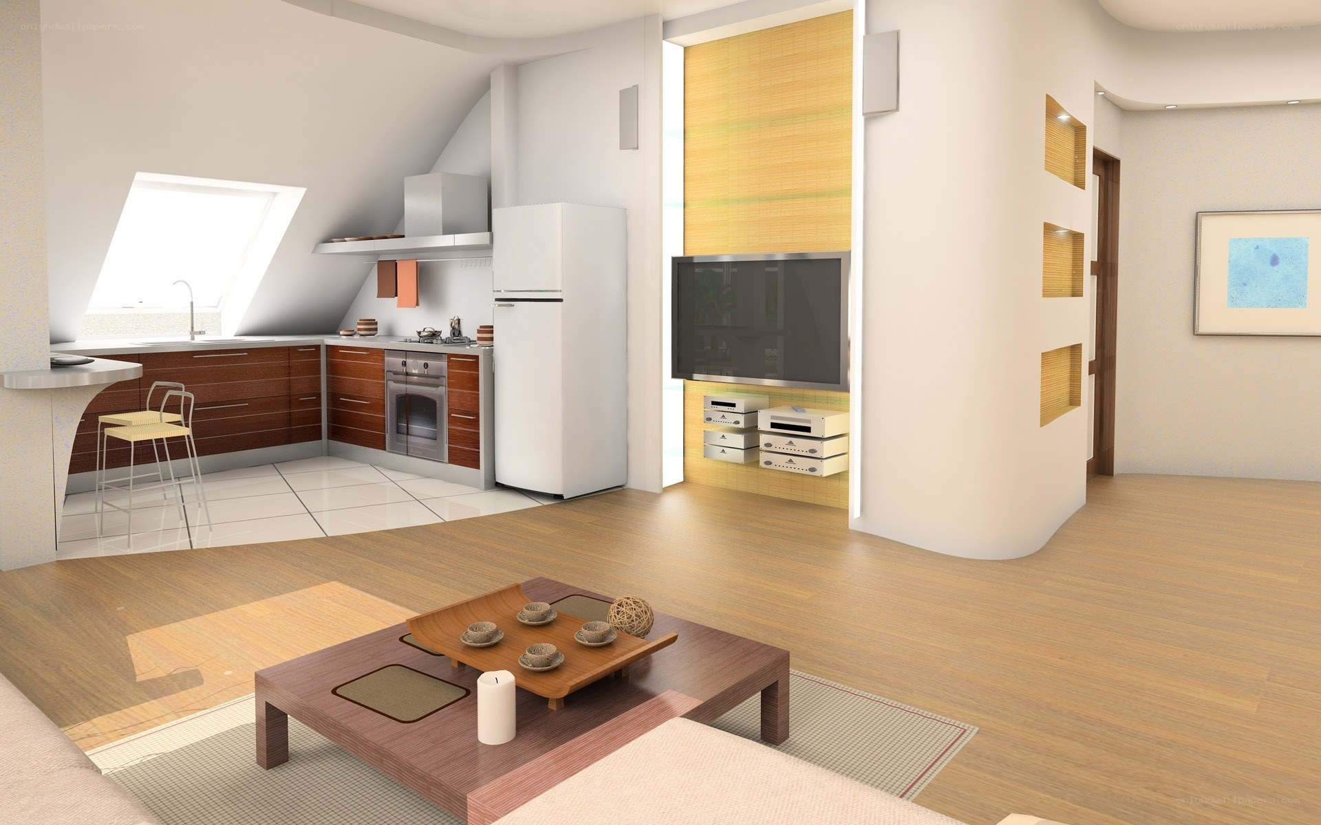 Modern kitchen and living room