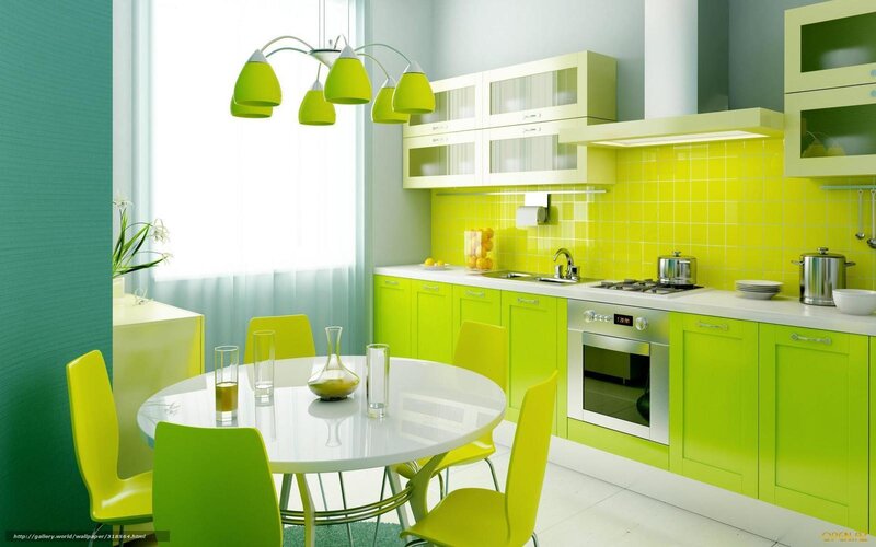Modern Kitchen Interior — Green, Bright, Afternoon