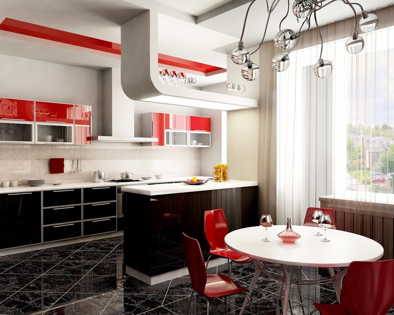 Modern Kitchen Interior — Red, Clean, Afternoon, 3d Render, Dining Table, Chairs, Kitchen Island