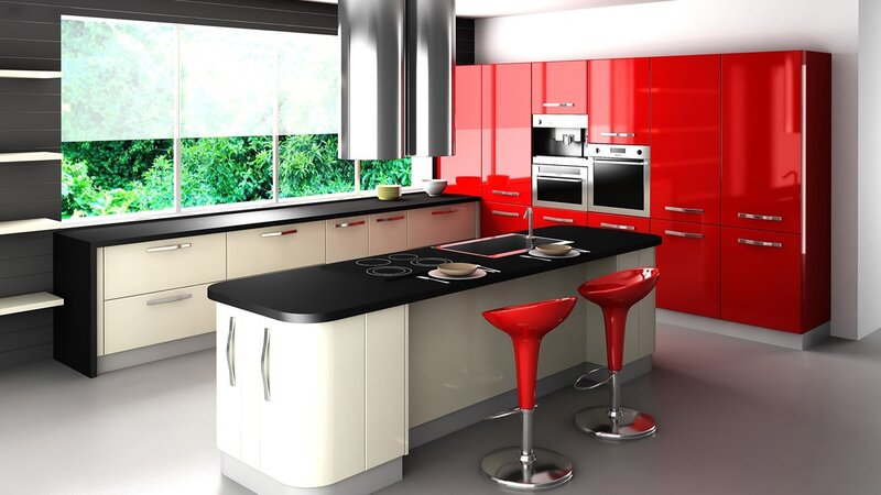 Modern Kitchen Interior — Red, Clean, Afternoon, 3d Render