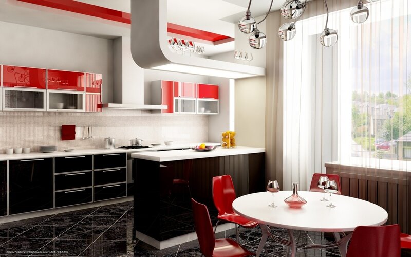 Modern Kitchen Interior — Red, Clean, Afternoon