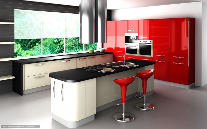 Modern Kitchen Interior — Red, Clean