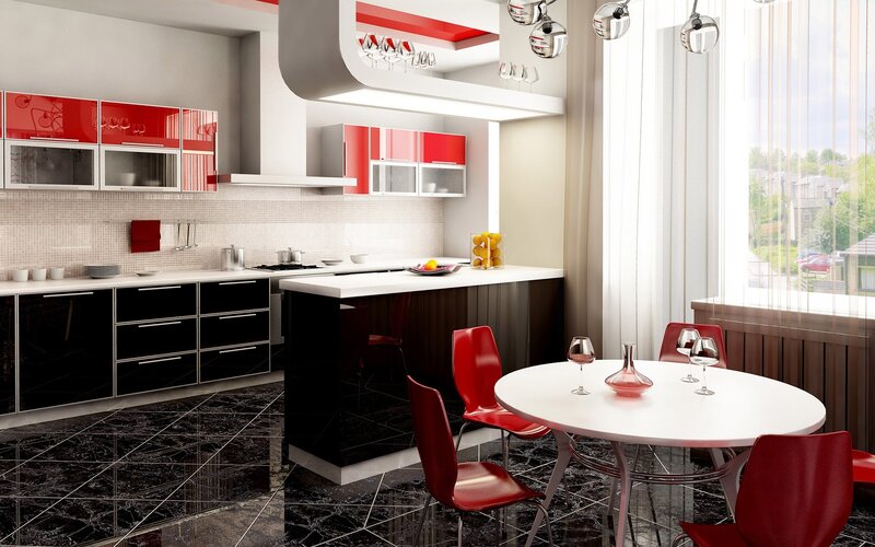 Modern Kitchen Interior — Red