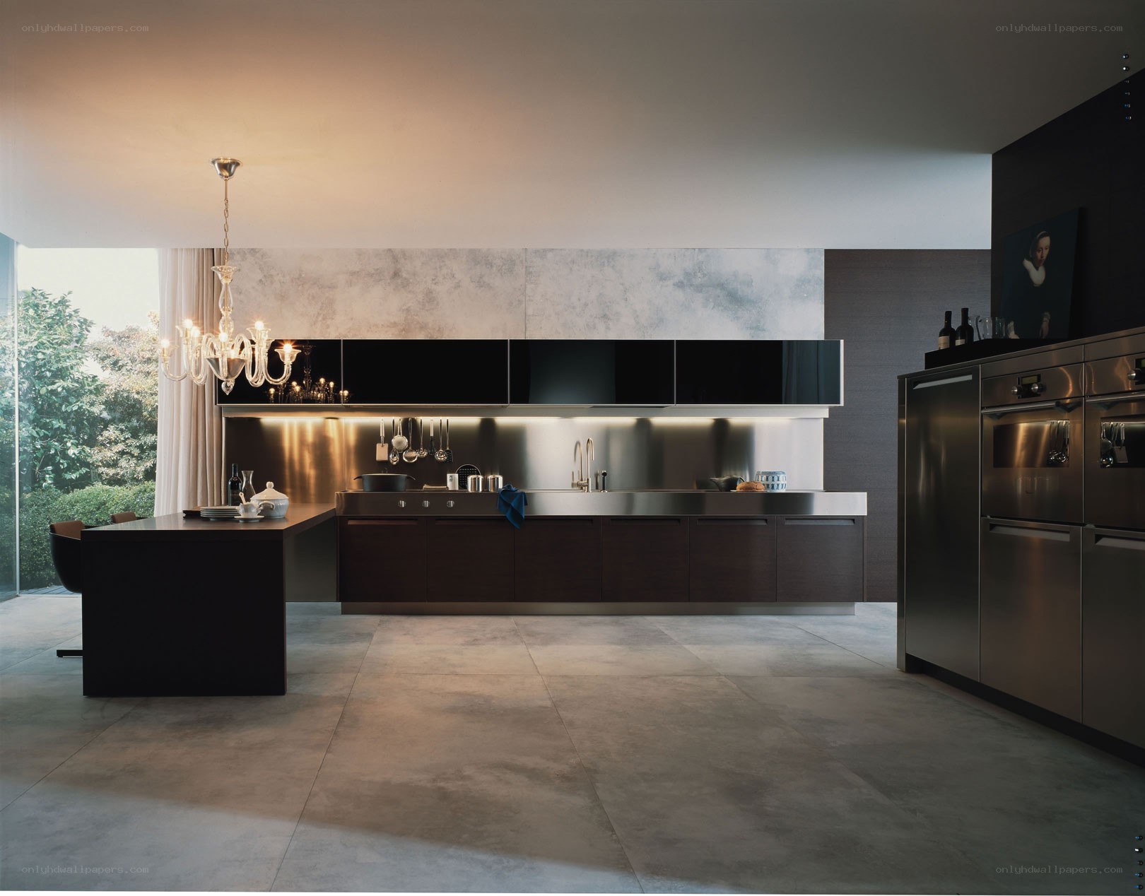 modern kitchen with chandelier