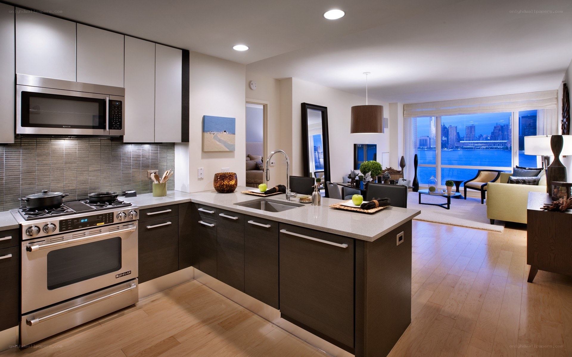 Modern kitchen with city view