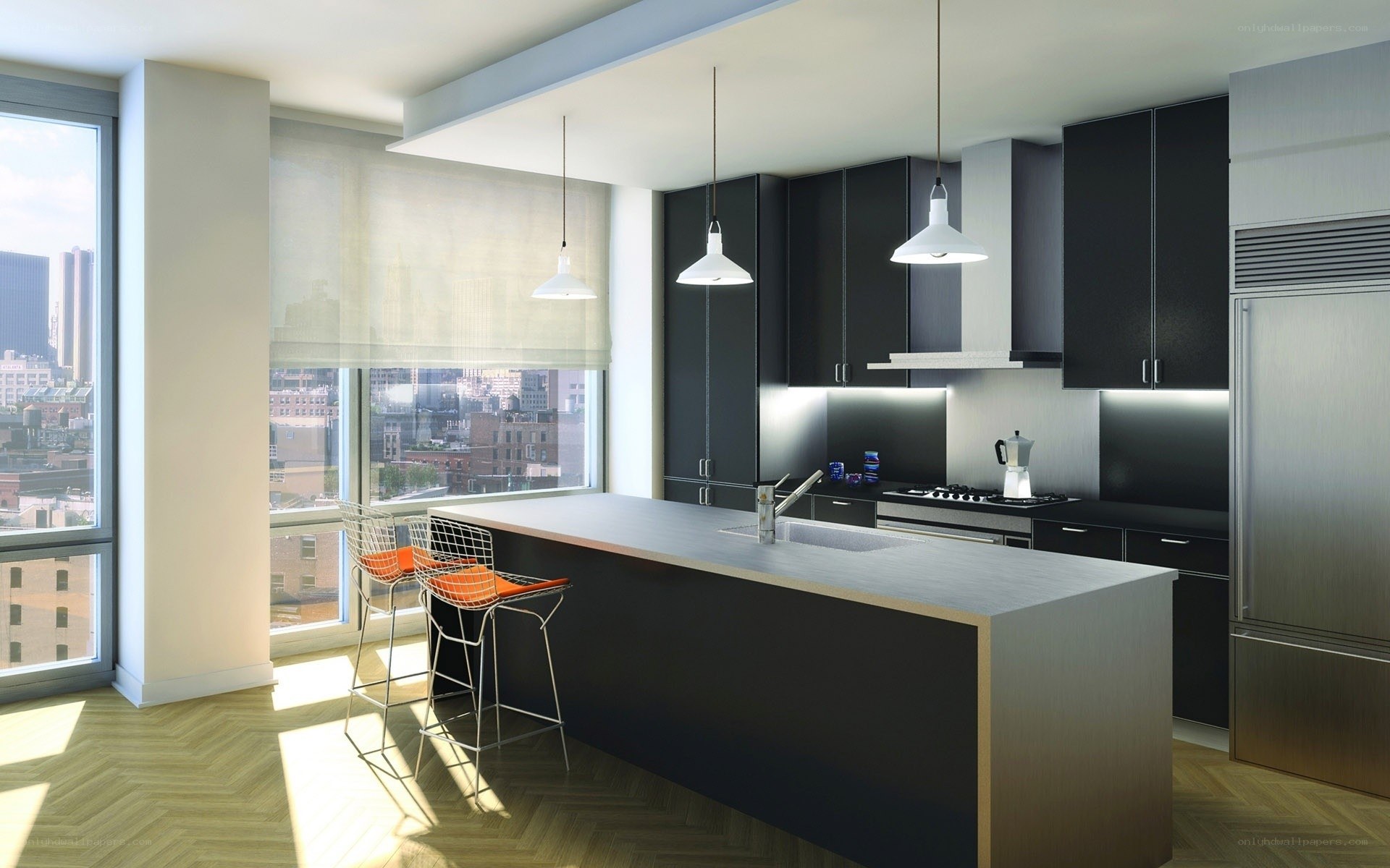 Modern kitchen with city view