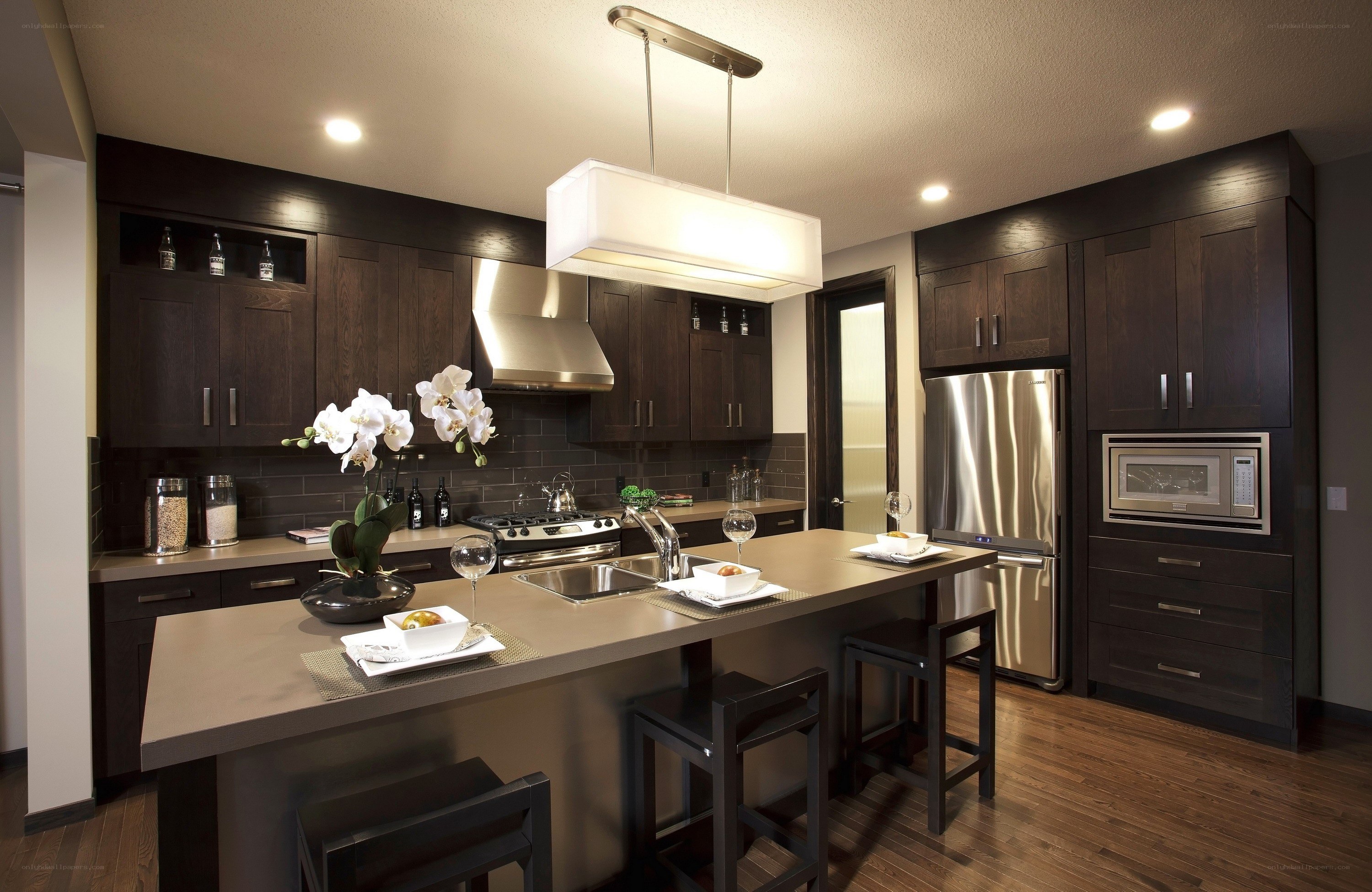 modern kitchen with dark cabinets