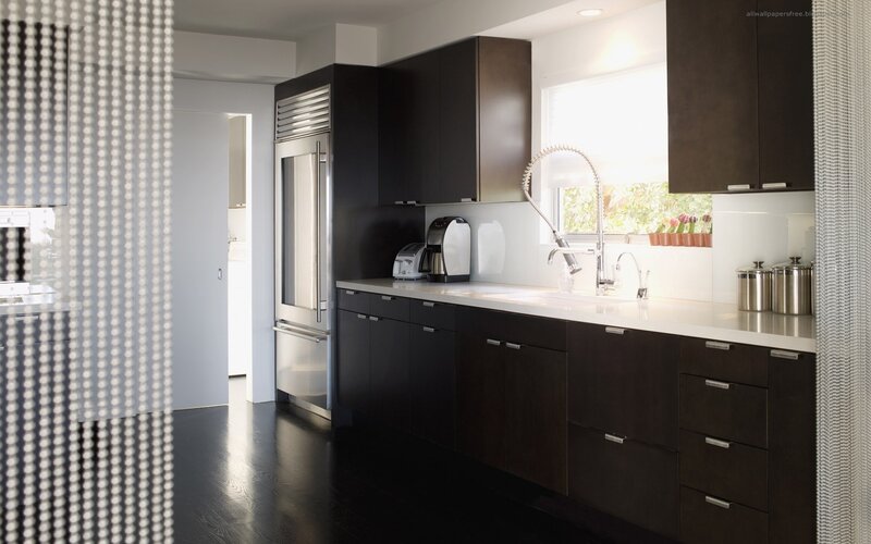 modern kitchen with dark cabinets