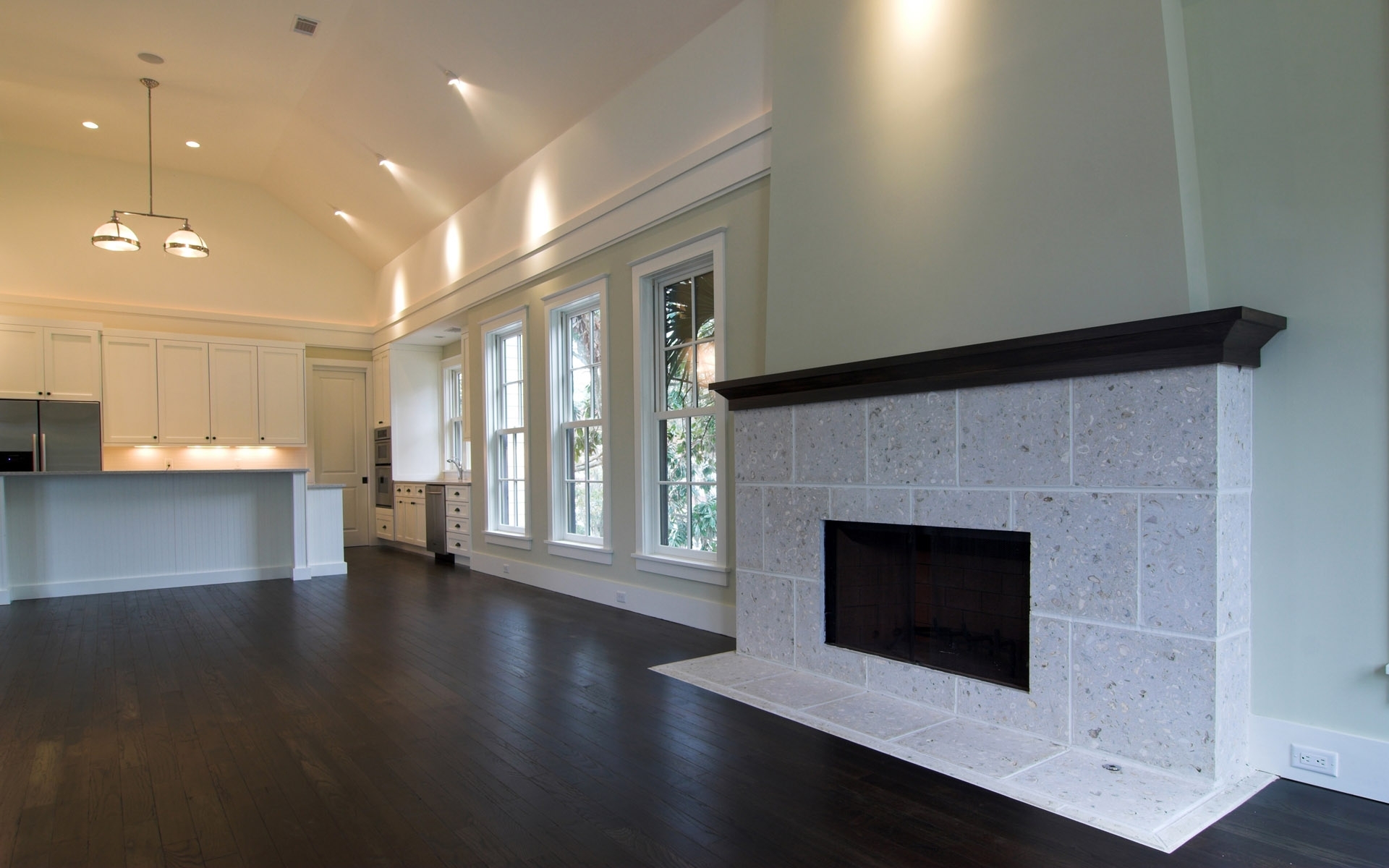 Modern kitchen with fireplace