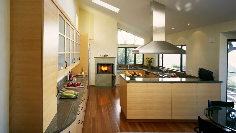 Modern kitchen with fireplace