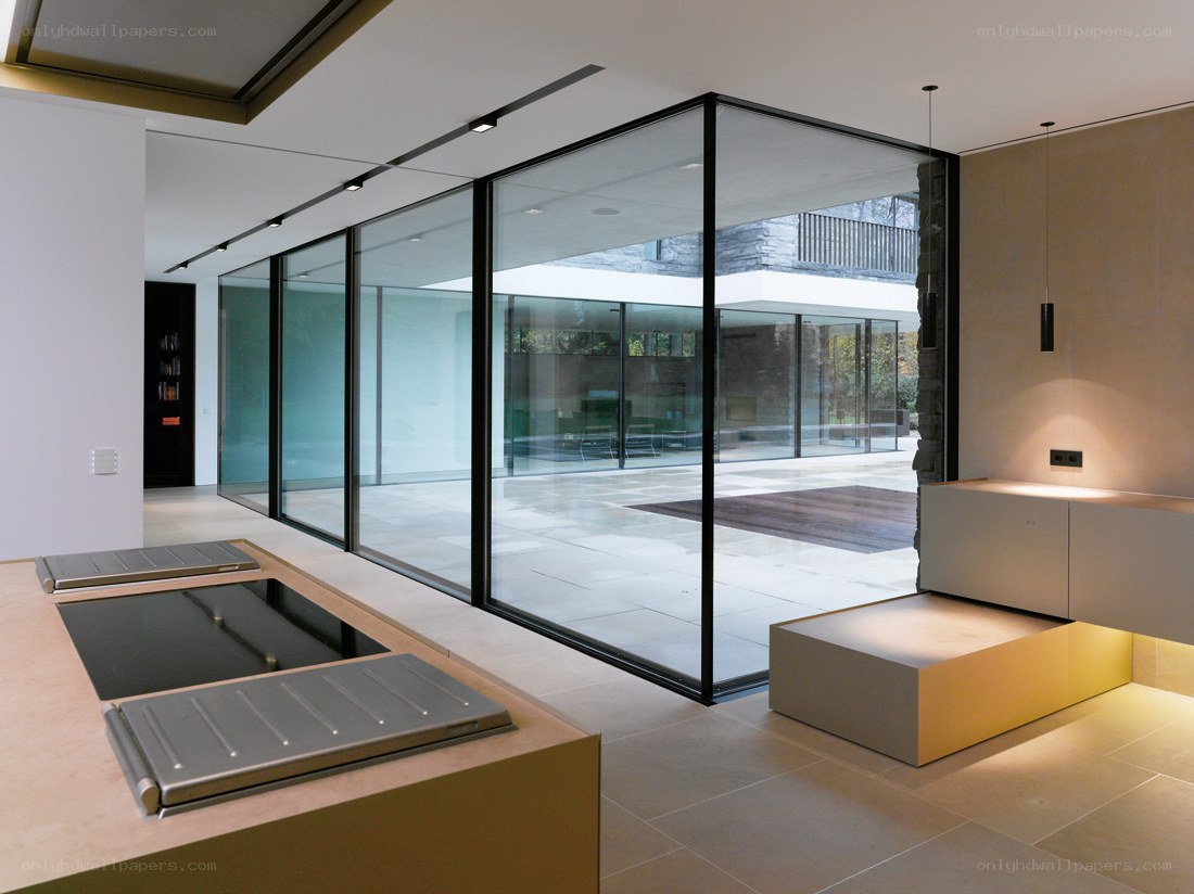 modern kitchen with glass walls