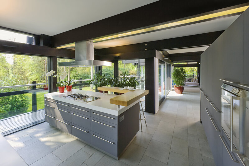 Modern kitchen with island and garden view