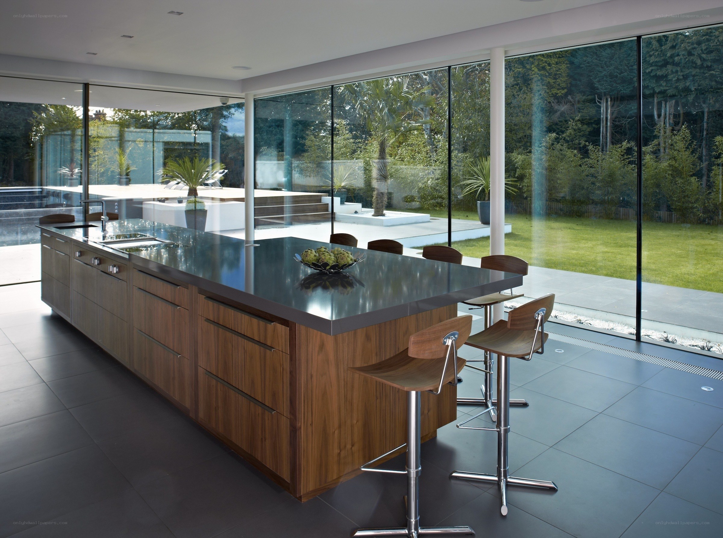 Modern kitchen with island and garden view
