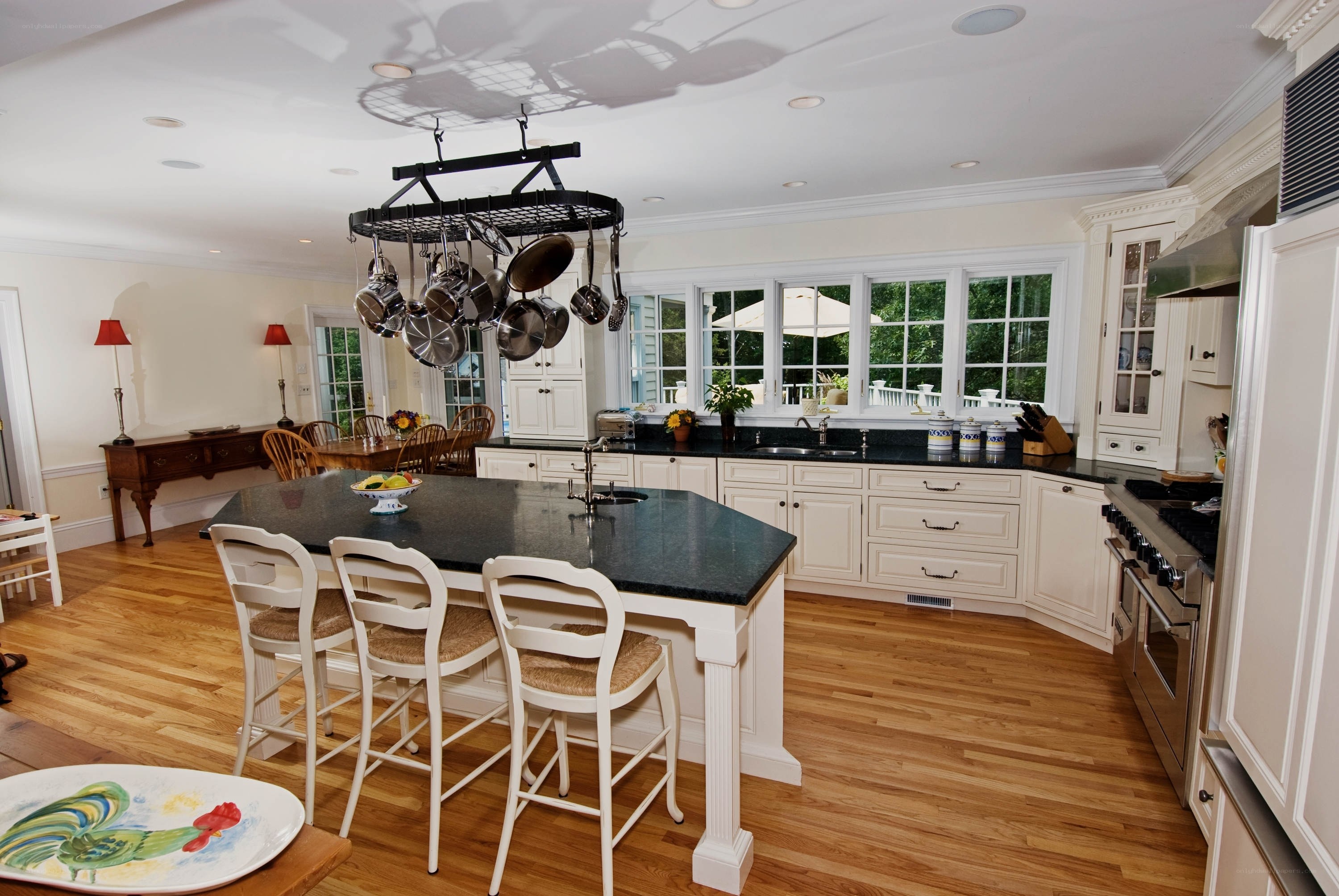 Modern kitchen with island and pot rack