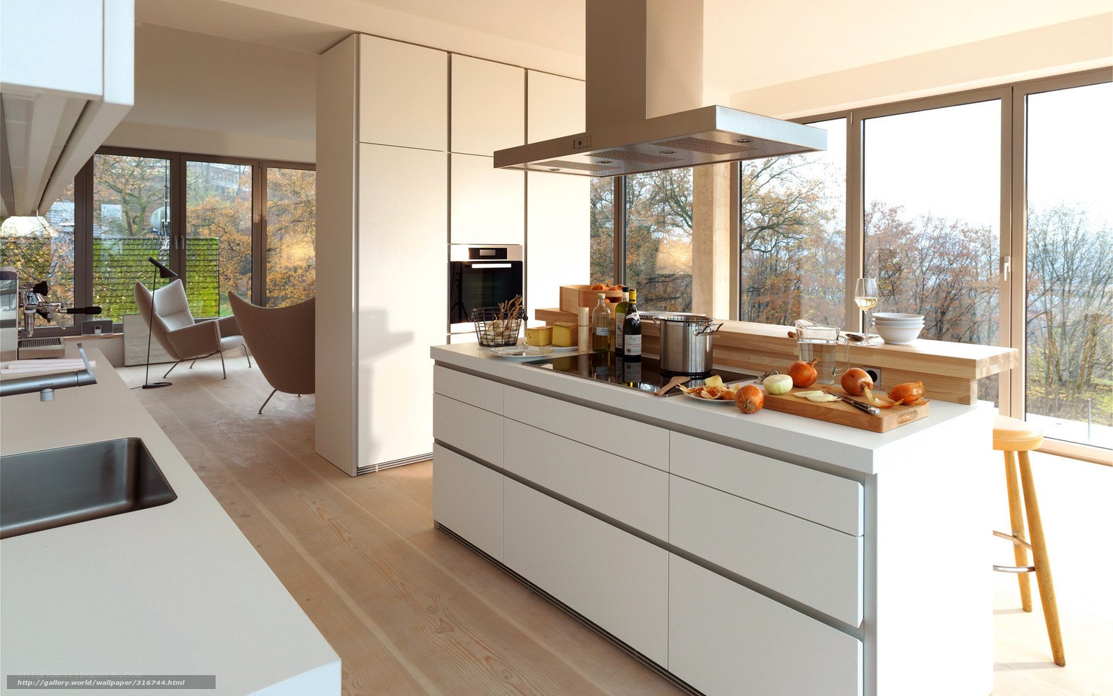 Modern kitchen with island and view